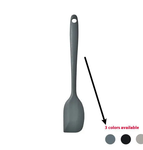 Black silicone kitchen utensil set with 12 tools in a rotating storage bucket on a kitchen countertop