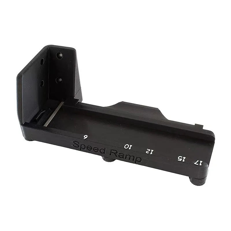 Black plastic universal pistol magazine ramp loader on white background