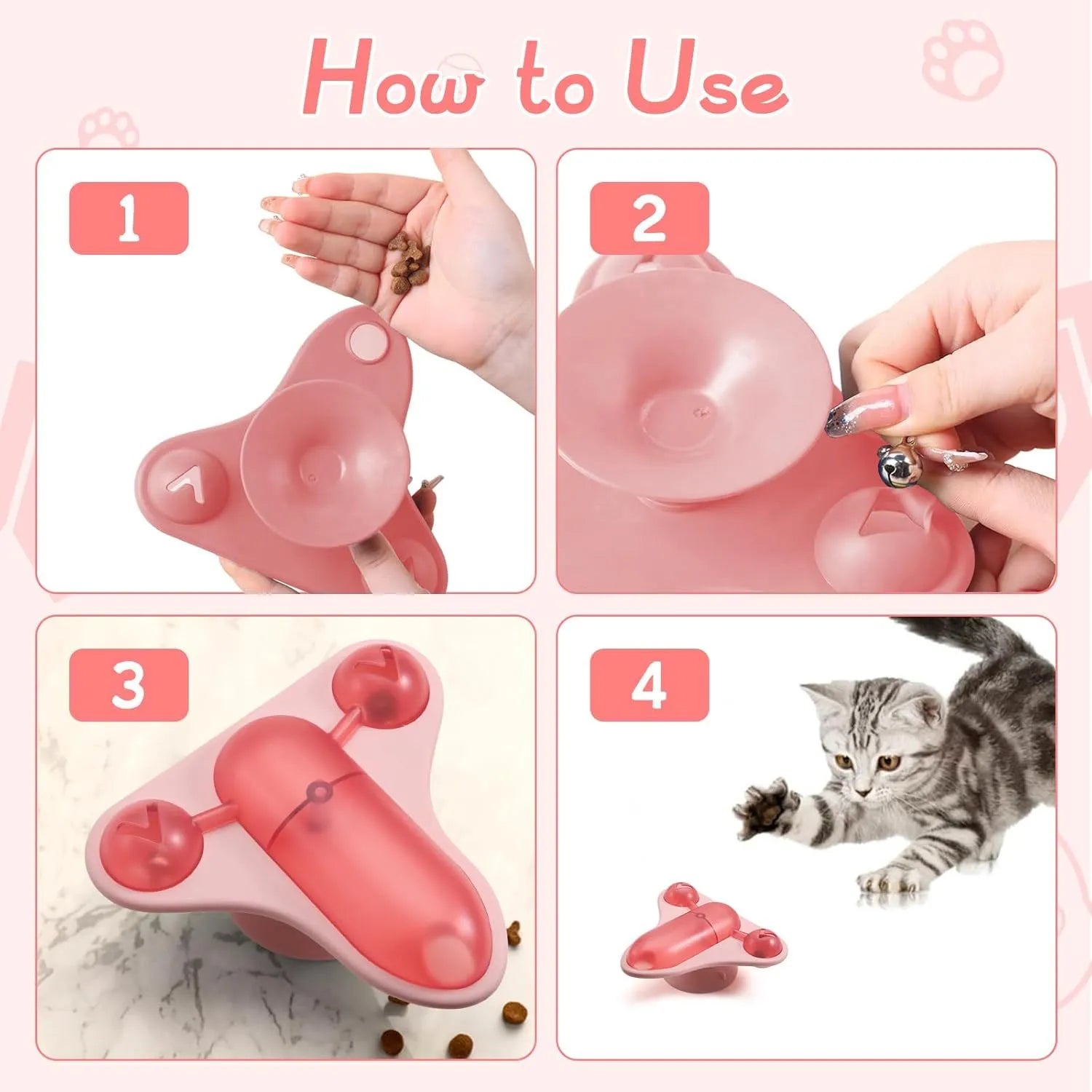 Blue interactive pet puzzle toy with spinner, bell, catnip and snack cabin on a smooth floor.