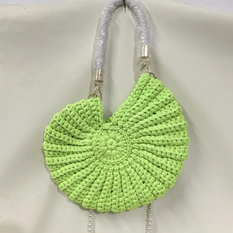 Round handmade woven crossbody bag with pearl chain strap, 25x25cm, polyester, multiple colour options