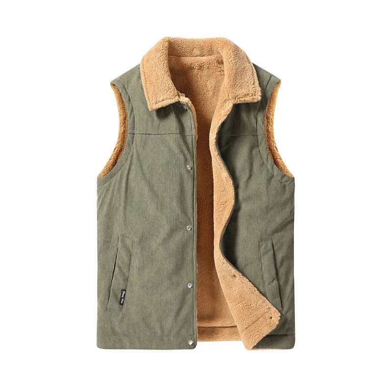 Men's corduroy flip collar jacket in army green, side view, showing fabric texture and collar detail
