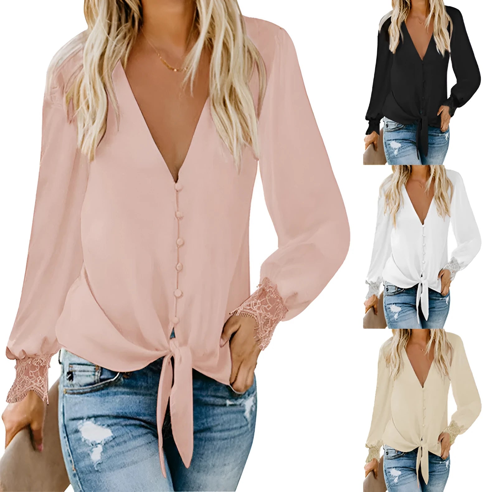 Women's loose V-neck long-sleeve top with lace-up detail on the hem in a solid colour.