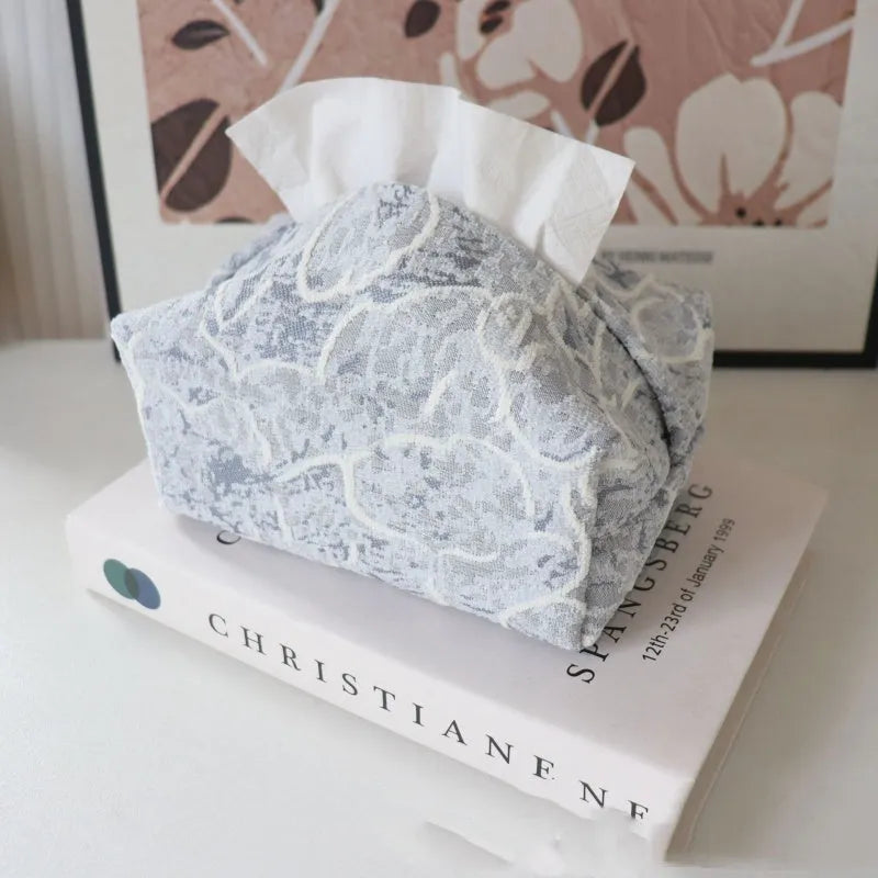 Chinese style floral pattern cotton tissue box cover in beige, blue, and brown colours.
