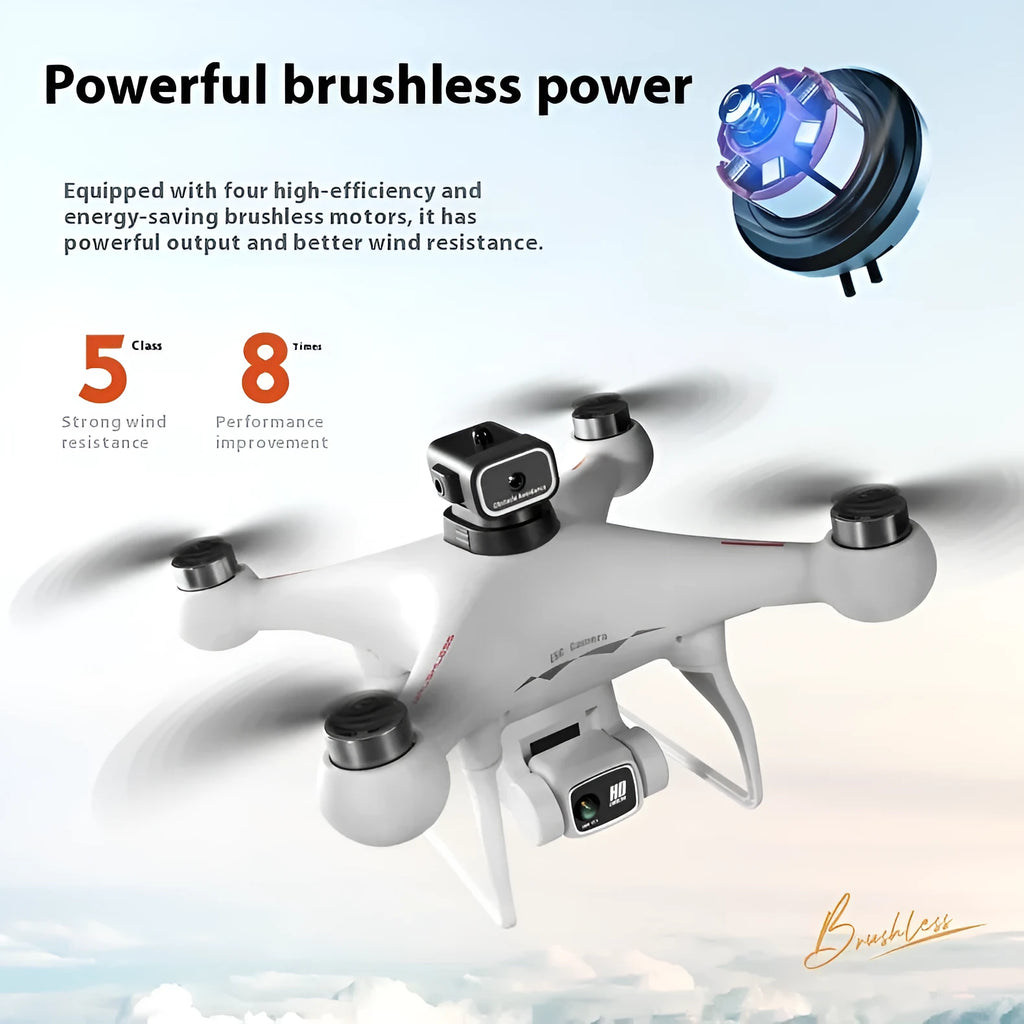 Black HD plastic brushless UAV drone with four propellers on a white background.