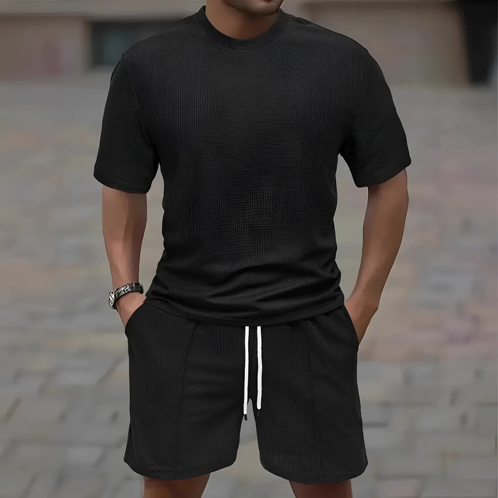 Men's apricot waffle texture short sleeve blouse and matching shorts laid flat.