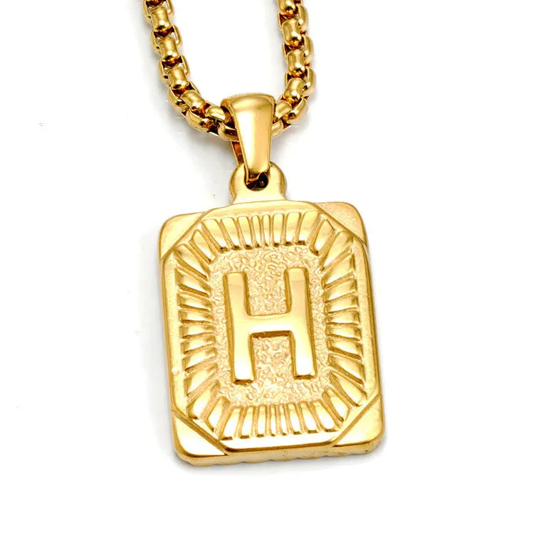 Gold-plated 18K titanium steel letter pendant necklace on a pearl chain, unisex design, gold colour