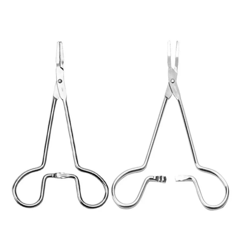 Silver stainless steel pet ear cleaning tweezers with anti-slip handle on a white background.