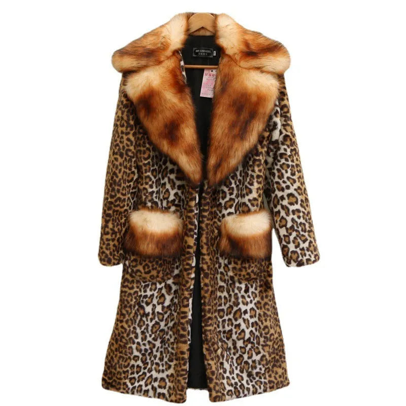 Women's long leopard print artificial fur jacket on a hanger, showing regular sleeves and full length.