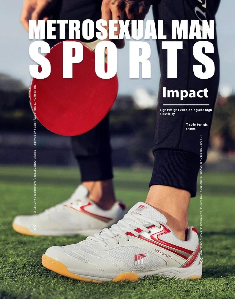 Table tennis training sneaker in white and blue with synthetic leather and mesh upper and lace-up front.