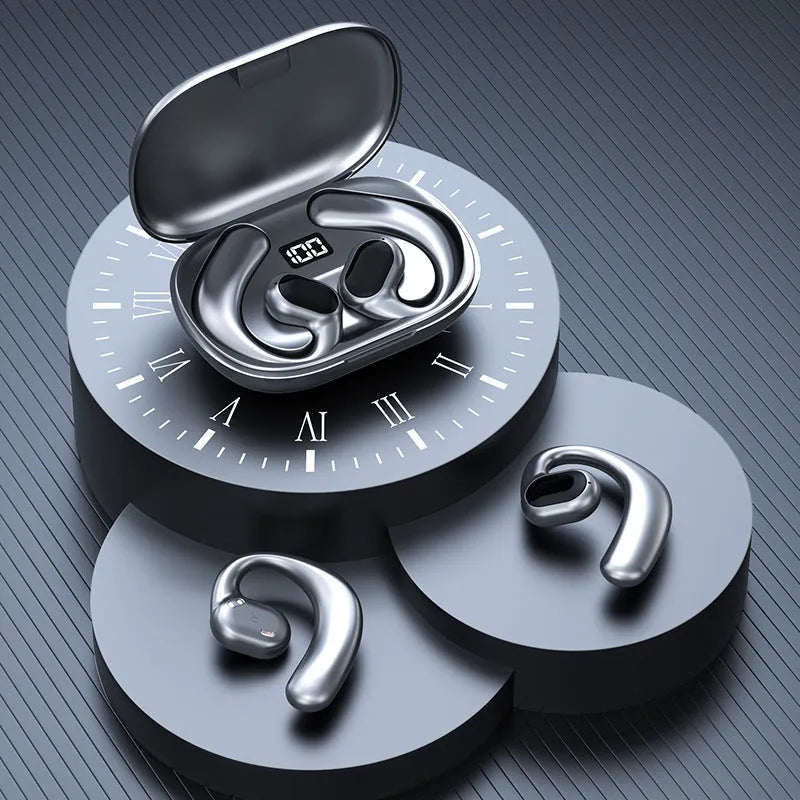 Black and white ear-mounted Bluetooth headset with digital display screen on the side.