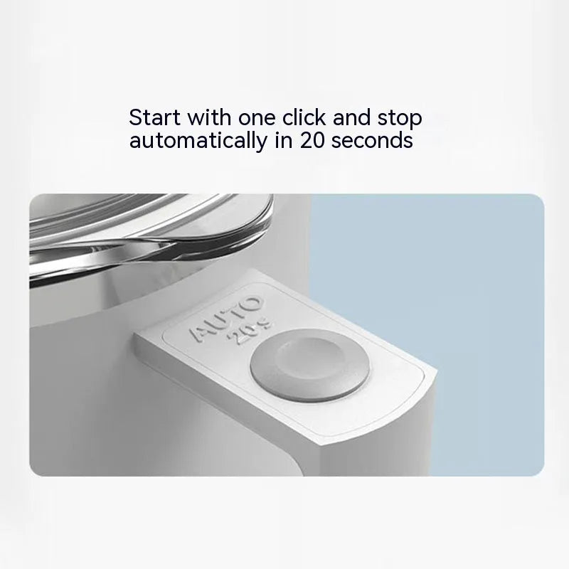 White automatic stirring coffee cup with magnetic base and 360ml capacity shown on a desk.