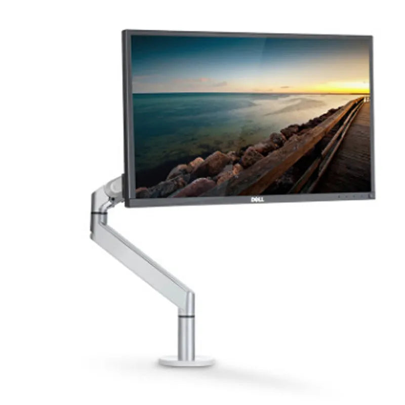 Silver aluminium laptop stand with an adjustable arm bracket on a wooden desk.