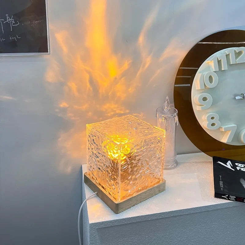Remote control water ripple LED table lamp with USB cable and crystal projection element