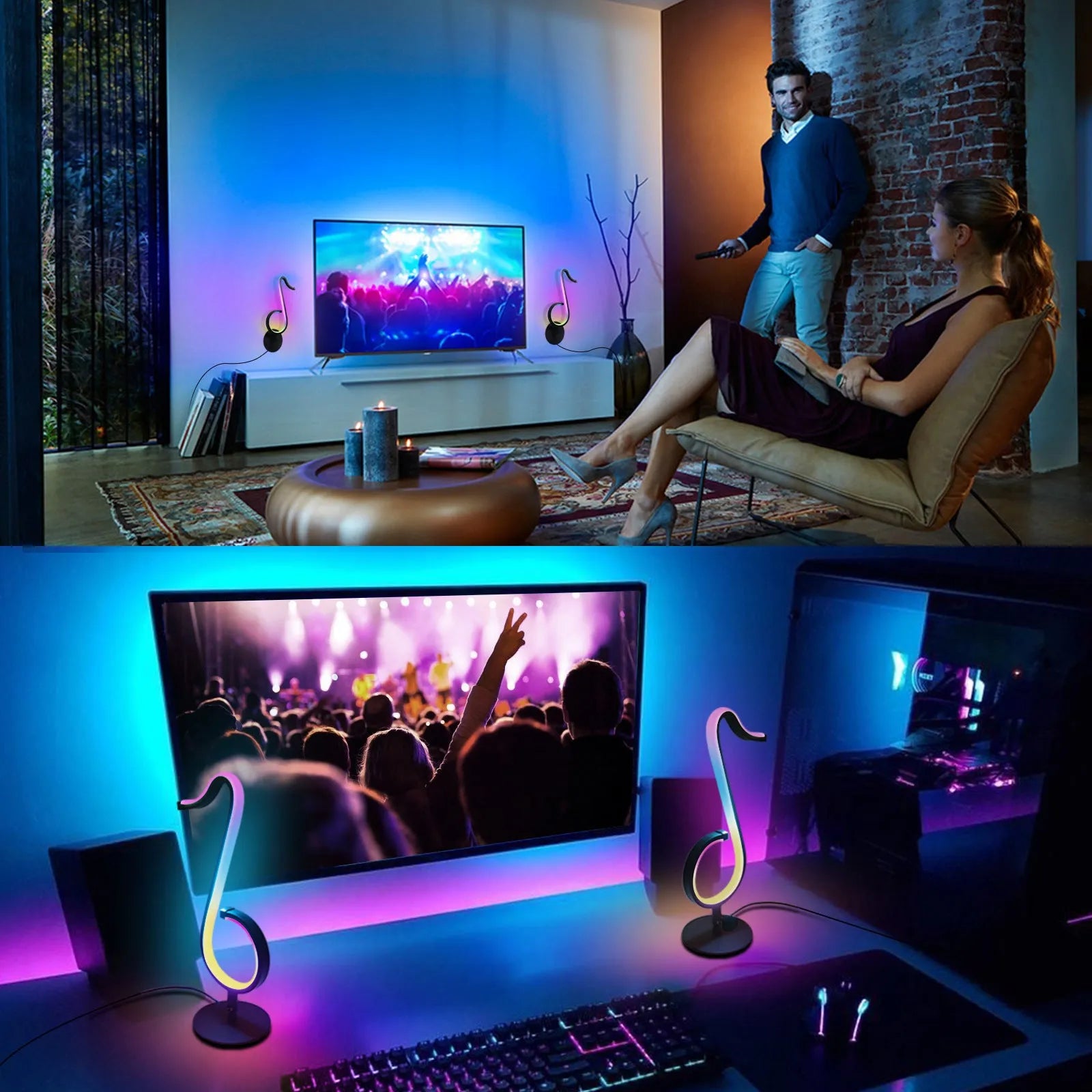 Black smart APP-controlled LED atmosphere light with 180-degree rotation on a desktop.