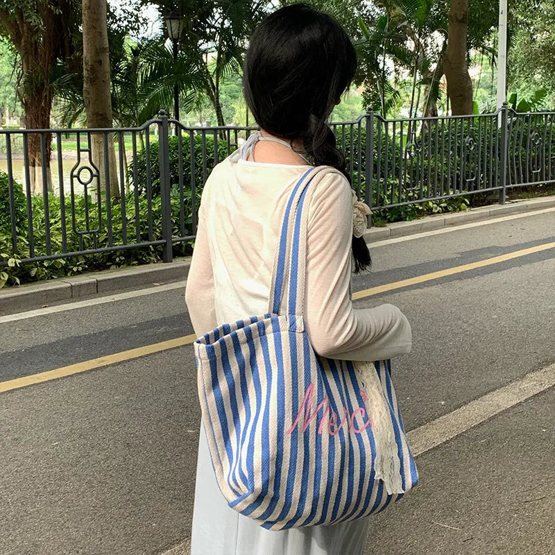 Blue striped letters printed cotton canvas bag with pink blue white stripes
