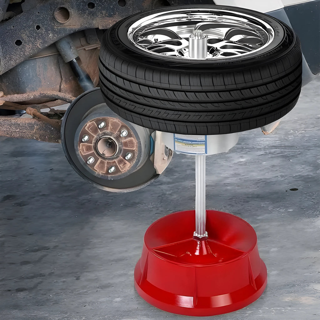 Portable aluminium hub balancer for car wheels with bull's eye level on a non-rust enamel base.