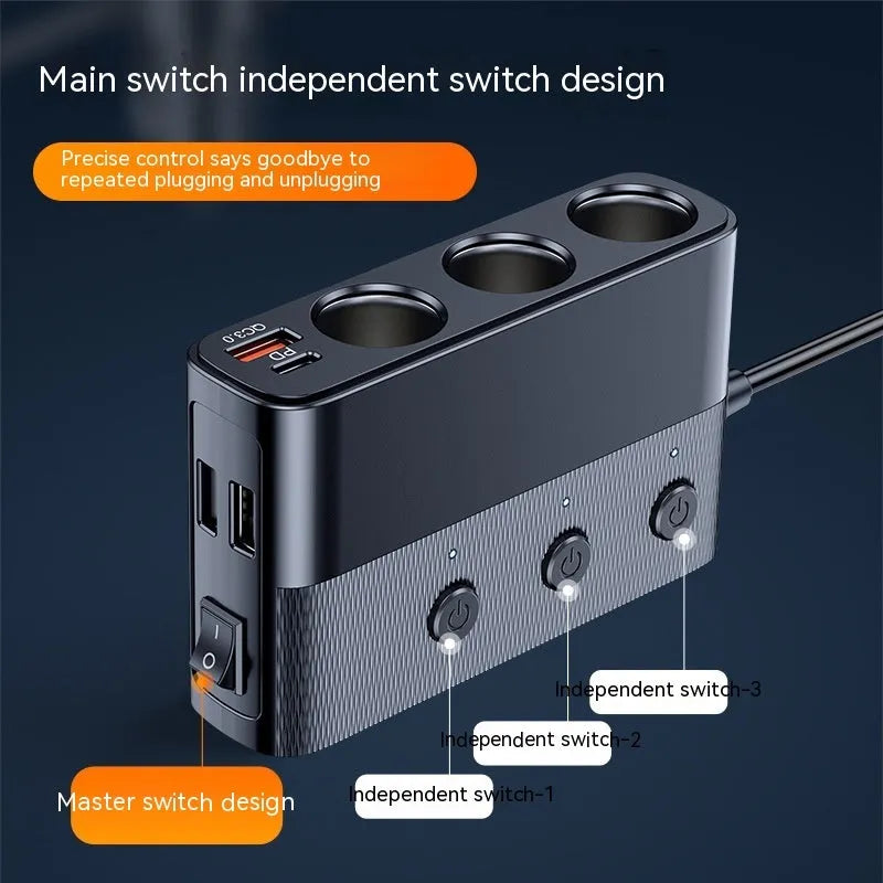 Black vehicle cigarette lighter USB charger with multiple ports showing dimensions 116mm x 71mm x 33mm