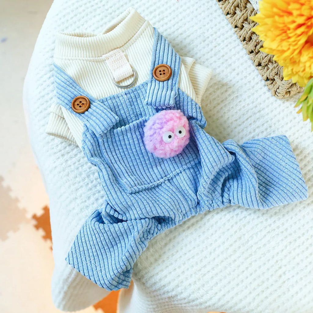 Elf-style polyester pet overalls on small dog or cat, casual design, available in sizes XS to XL