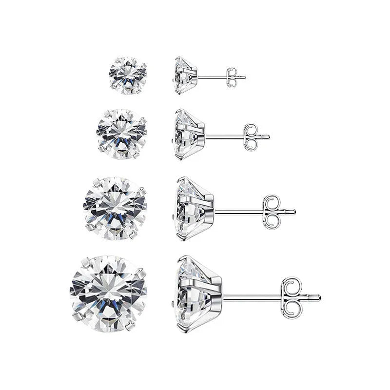Titanium steel geometric square zircon stud earrings set with 14 pairs in 2mm to 8mm sizes