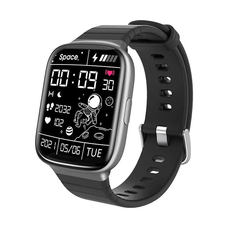 Astronaut dial pedometer smart watch with slim metal body and silicone strap, black colour, 1.69 TFT LCD screen
