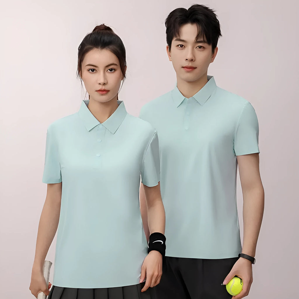 Man wearing a seamless brocade ammonia polo shirt in sky blue for summer sports.