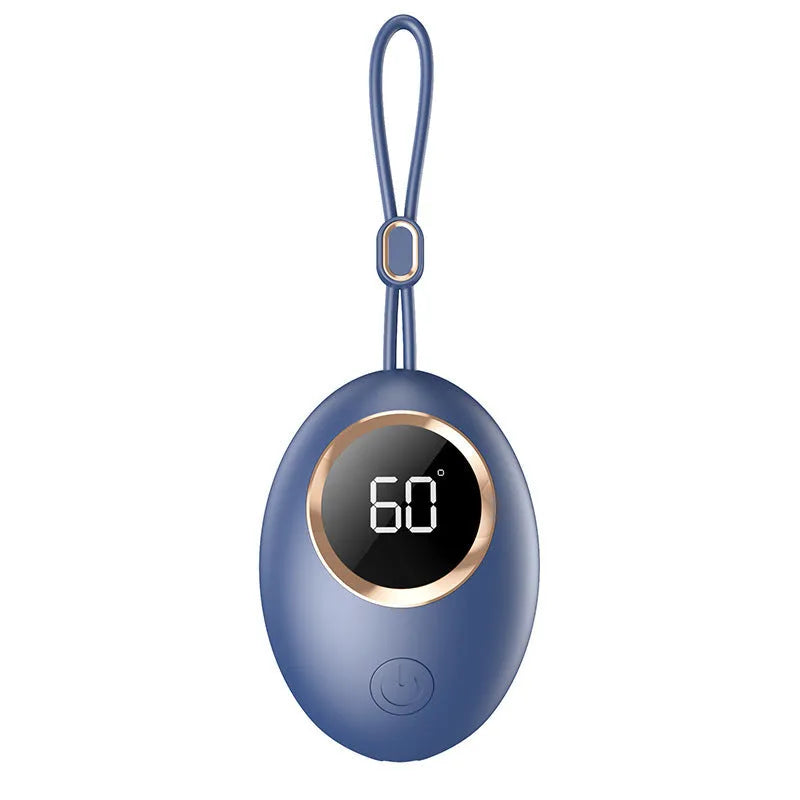 A portable hand warmer power bank with a digital display, shown in one of six available colours.