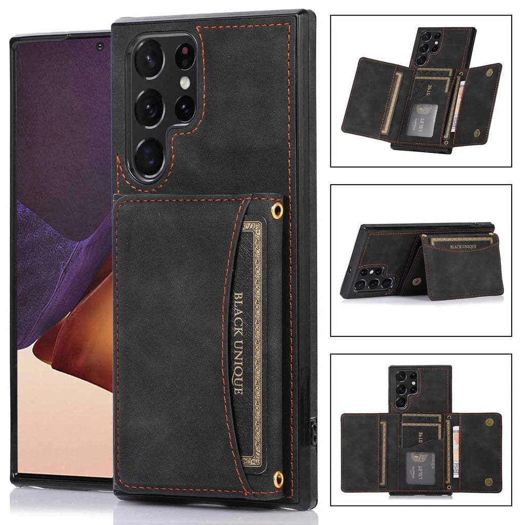 Three-fold wallet phone case with card slots for Samsung Galaxy in black