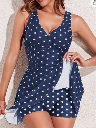 Blue polka dot print women's plus size bikini set with briefs-style shorts.