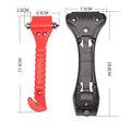Red car emergency safety hammer with a carbon steel head and seatbelt cutter blade on an ABS plastic handle.