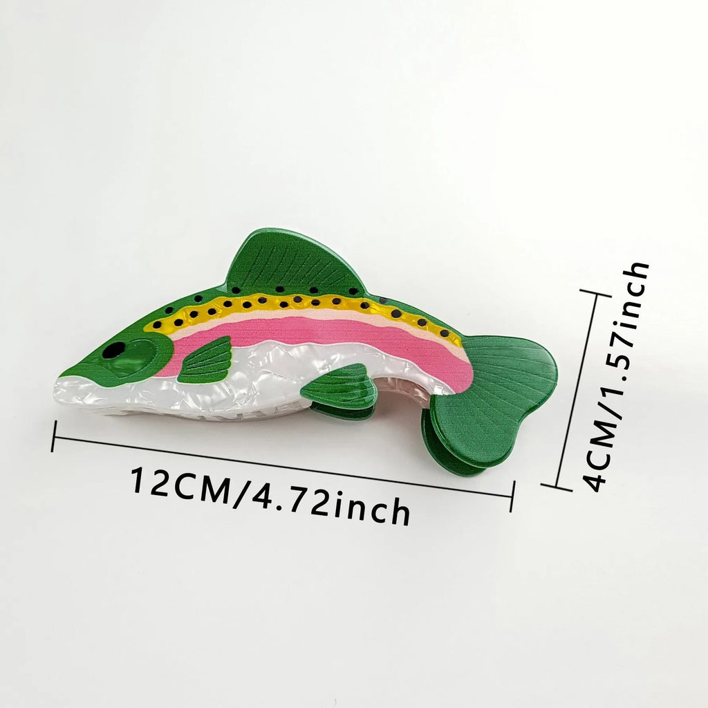Dark green PVC hair clip with rainbow trout fish design inspired by carp elements