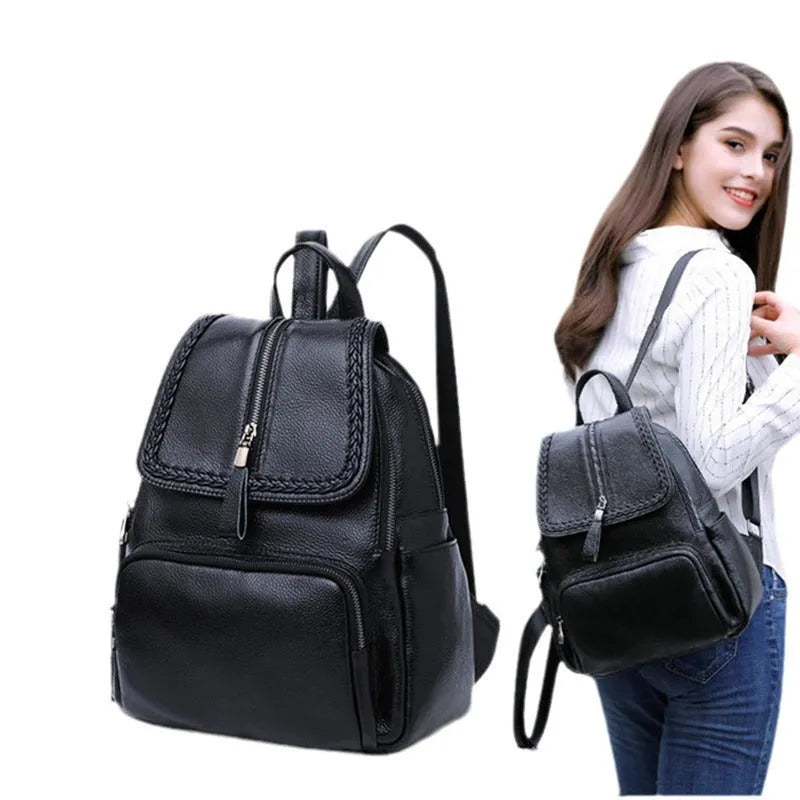 Blue genuine leather women's backpack with outer pocket and internal organiser compartments