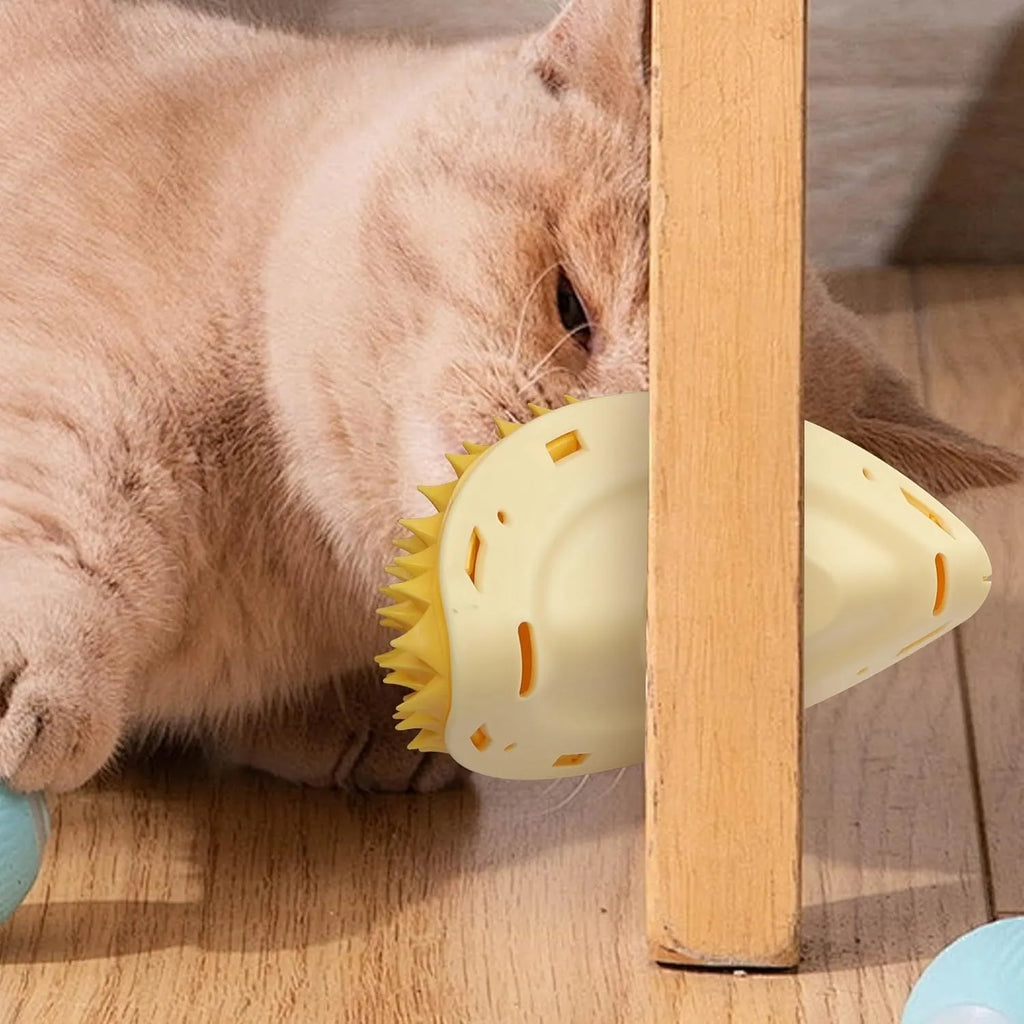 Yellow durian-shaped cat corner scratcher and grooming toy with catnip.