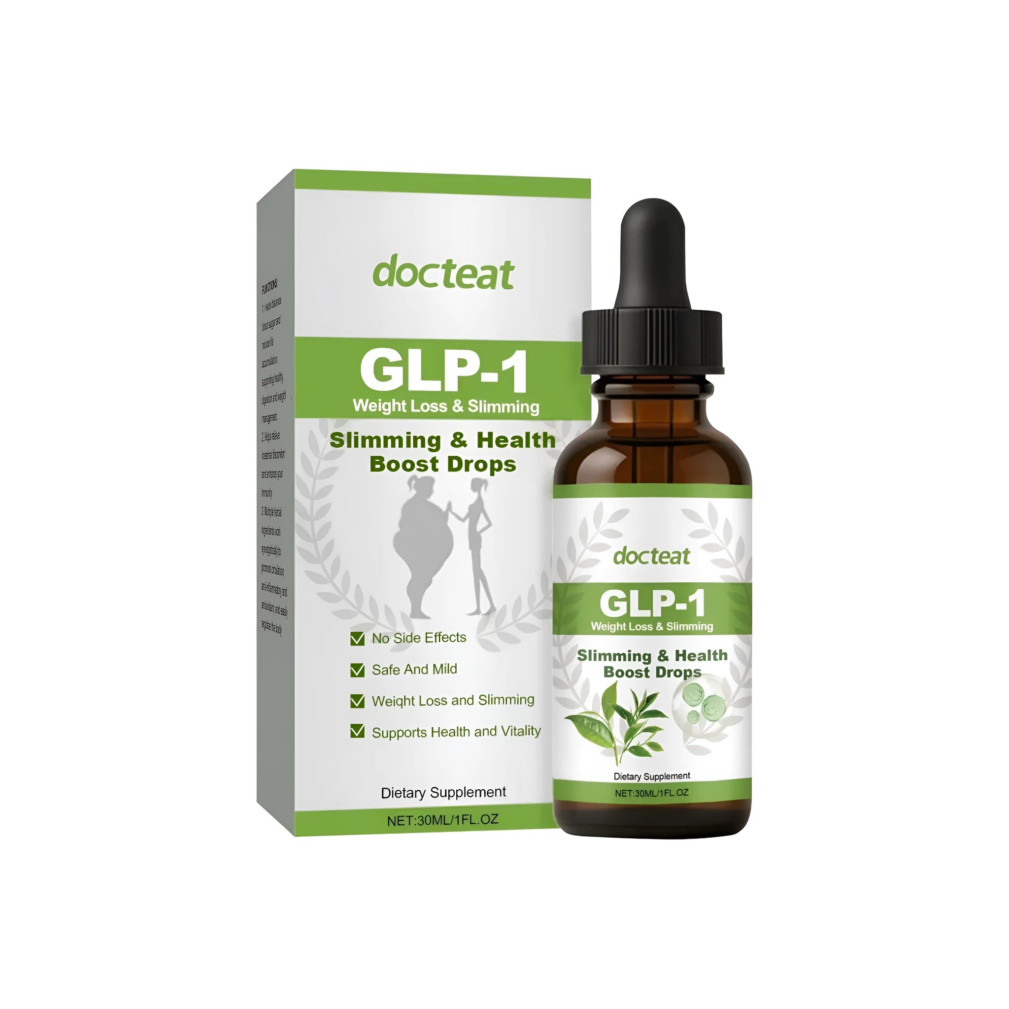 30ml bottle of moringa and green tea dietary drops for intestinal health support