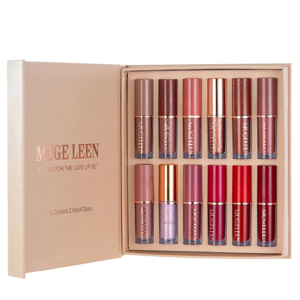 Matte shimmer lip glaze set with twelve transfer-resistant colours in neutral tones
