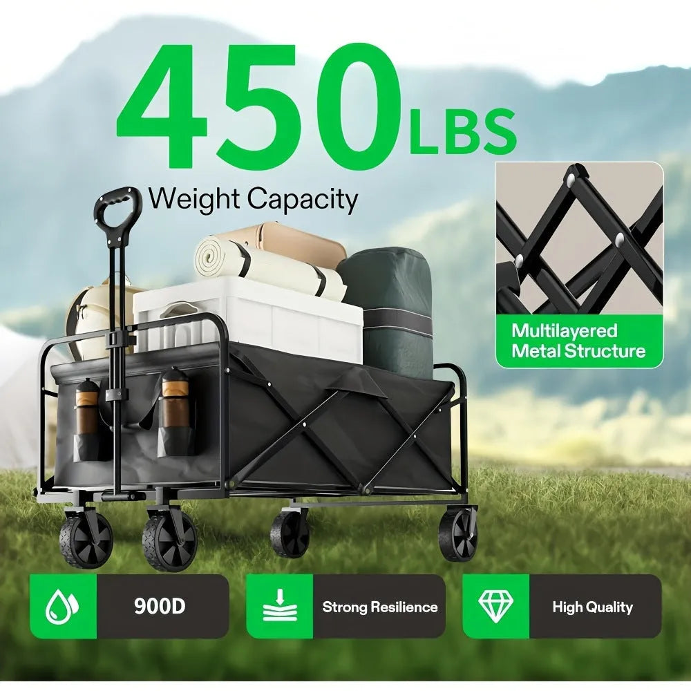 Heavy-duty metal foldable garden wagon cart with integrated storage box, shown collapsed and unfolded.