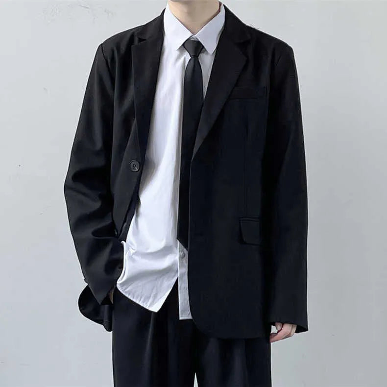 Plus size men's college style suit jacket and trousers ensemble with white shirt and tie