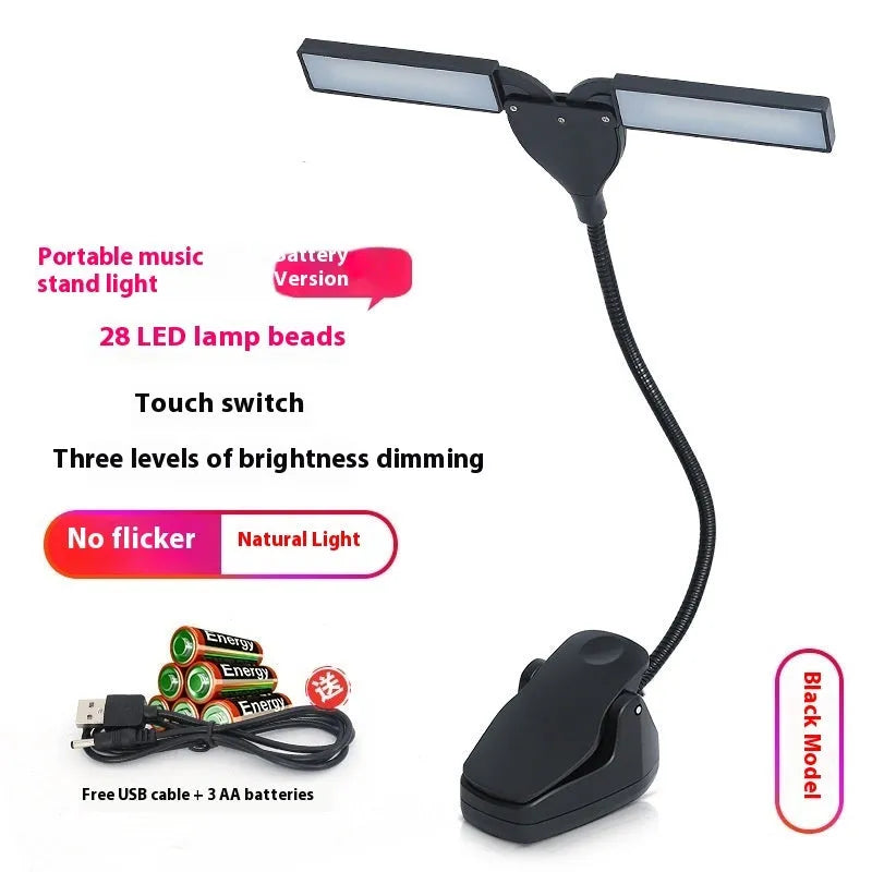 Rechargeable black music stand lamp with 28 LEDs and a USB cable.