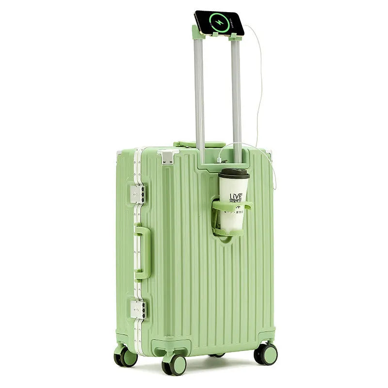 Hard shell aluminium frame luggage in avocado green with USB port and universal wheels.