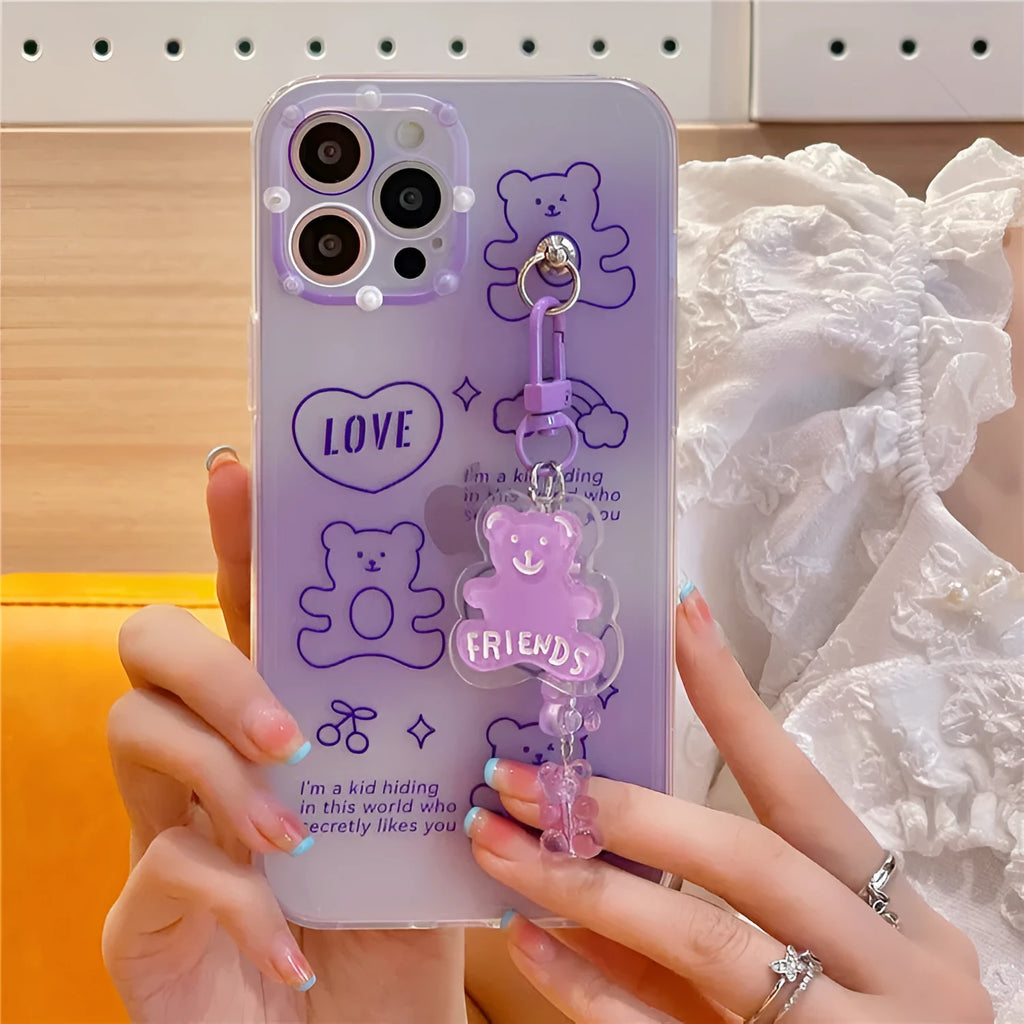Purple clear gummy bear lanyard TPU phone case for iPhone 12 Pro and 13