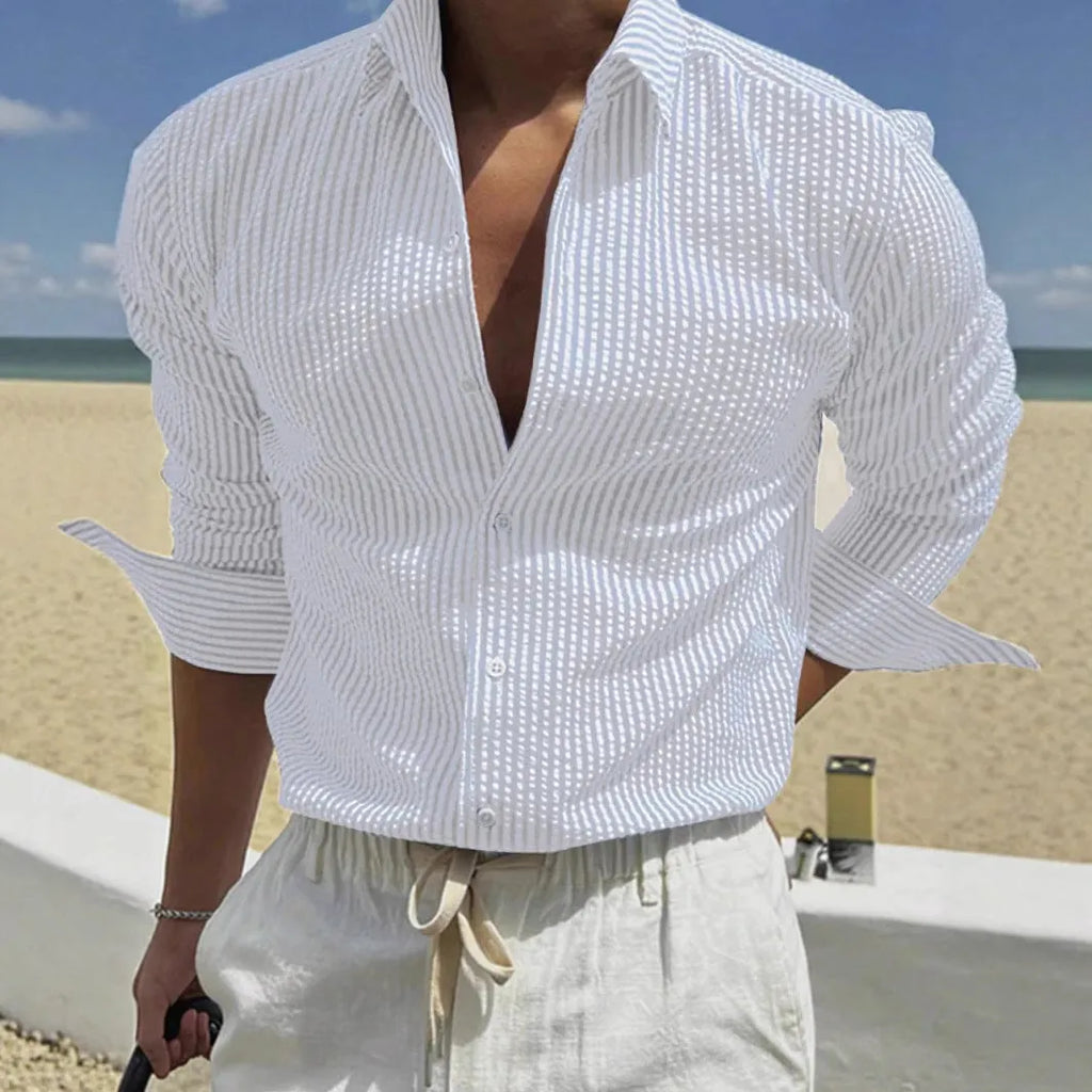 Men's striped cardigan lapel long sleeve shirt in polyester available in multiple colours