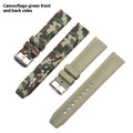 Green camouflage silicone watch strap showing 20mm width and buckle detail.