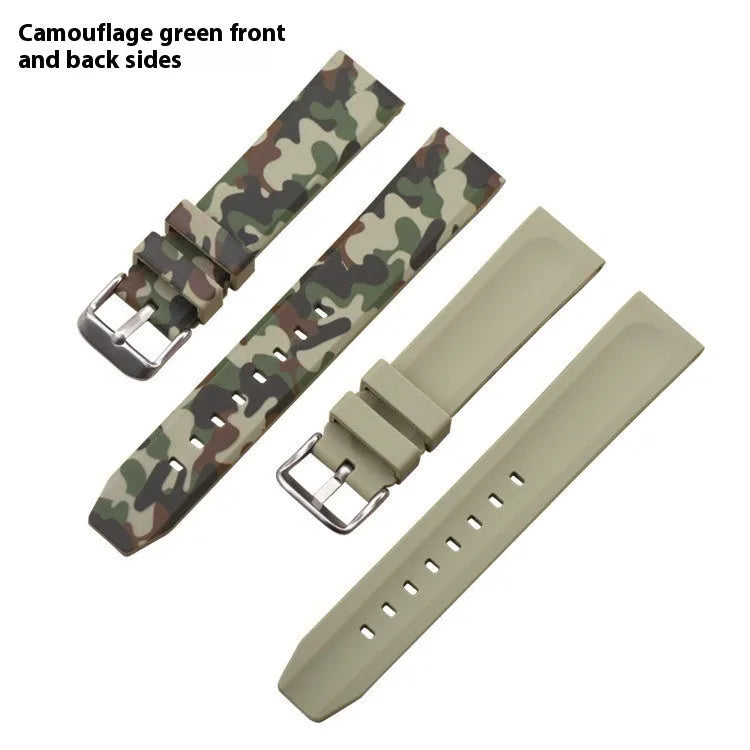 Green camouflage silicone watch strap showing 20mm width and buckle detail.