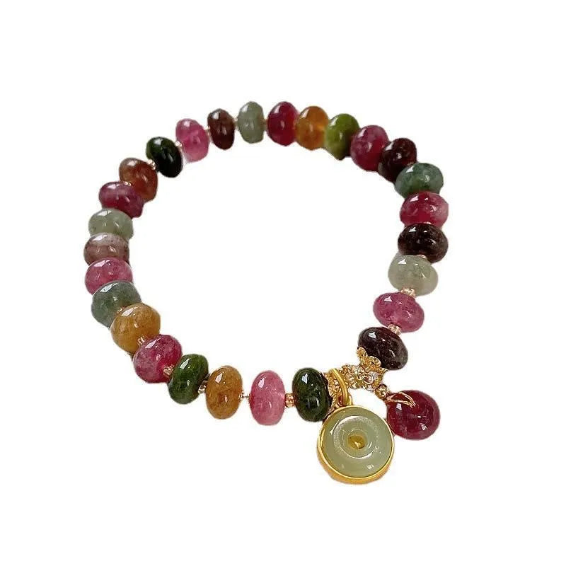 Handmade colourful tourmaline bracelet with rabbit pendant and round abacus beads