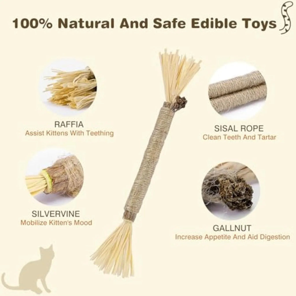 Three natural silvervine chew sticks for cats on a wooden surface.
