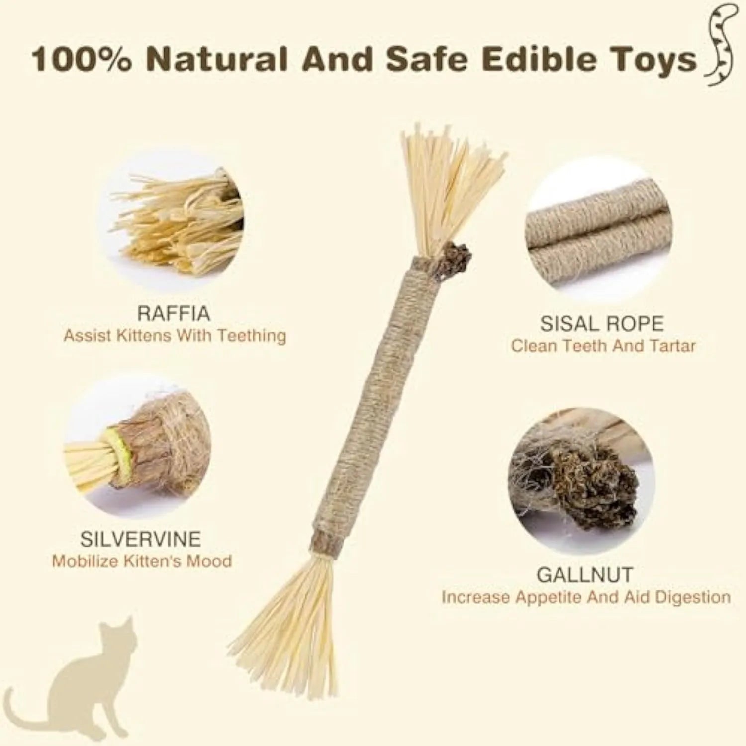 Three natural silvervine chew sticks for cats on a wooden surface.