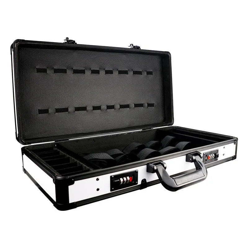 Black PVC suitcase with combination lock for storing hair styling tools, shown with dimensions 55cm by 27cm.