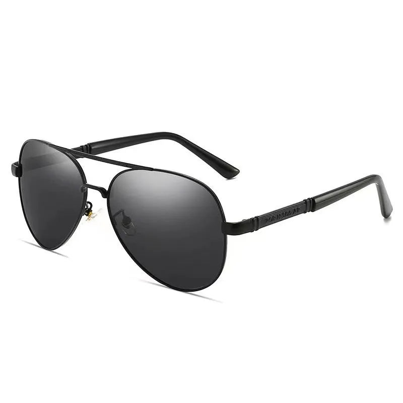 Gold metal framed polarised sunglasses for men with dragon motif on arms and grey lenses.