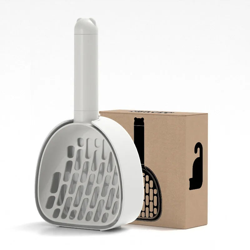 ABS plastic cat litter scoop with base featuring hidden bag storage and wall mounting capability