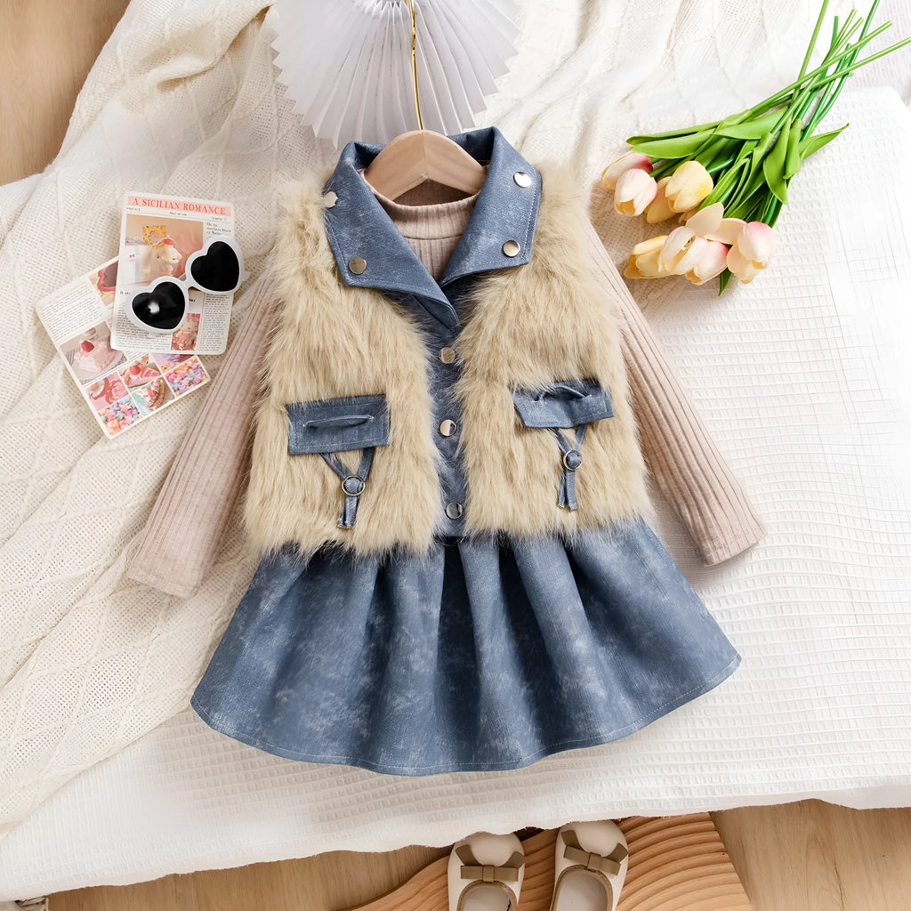 Girls apricot three-piece set with long sleeve top, sleeveless vest, and denim skirt in princess style for heights 4Y-7Y.