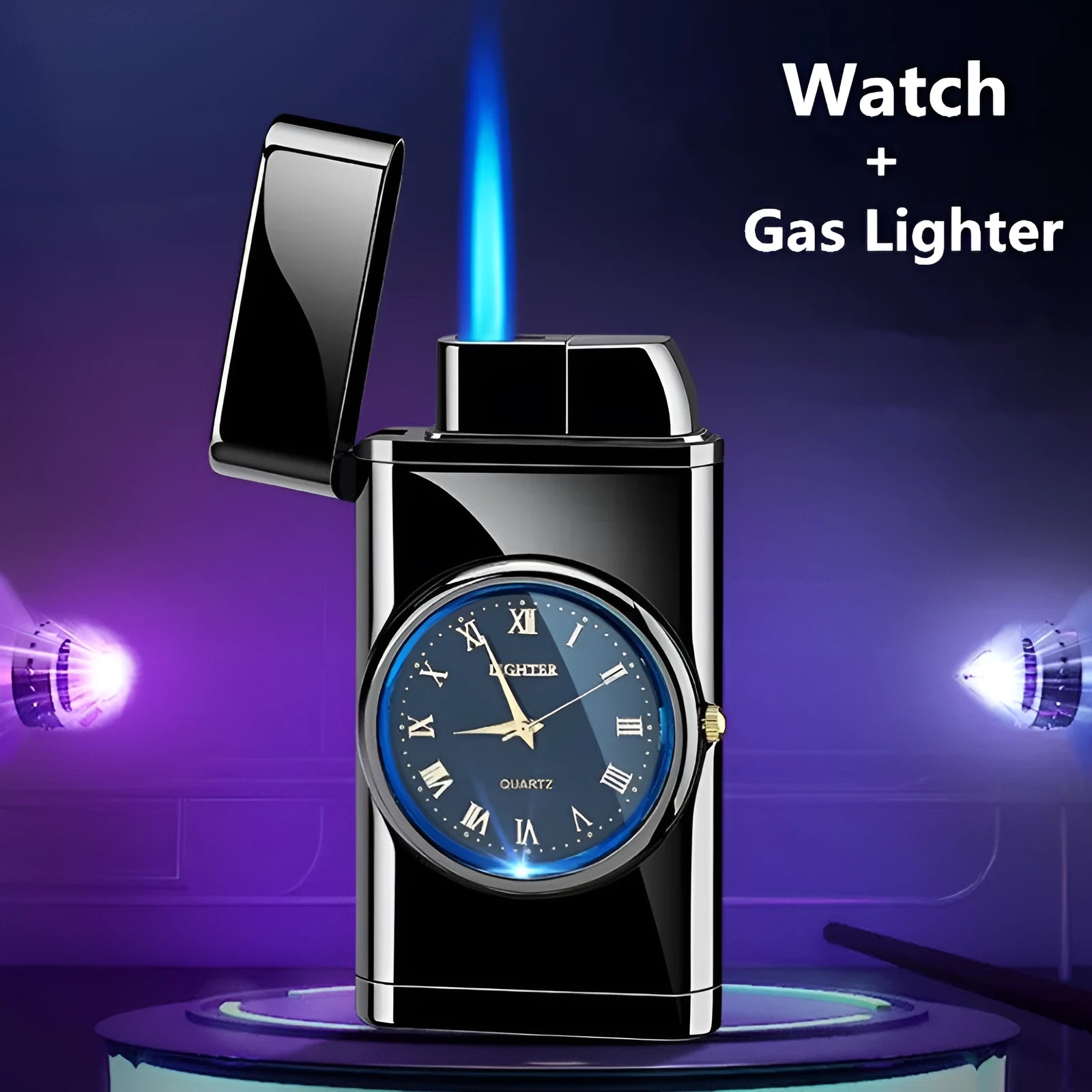 Electronic gas cigarette lighter with LED watch display in metallic finishes